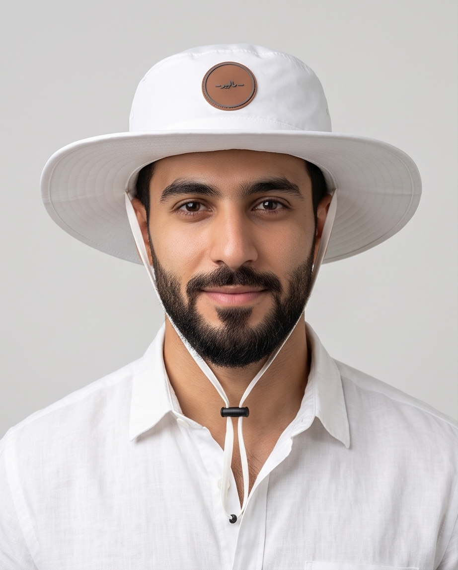 White -ماليبو- Bucket Hat With Rope Beige Logo