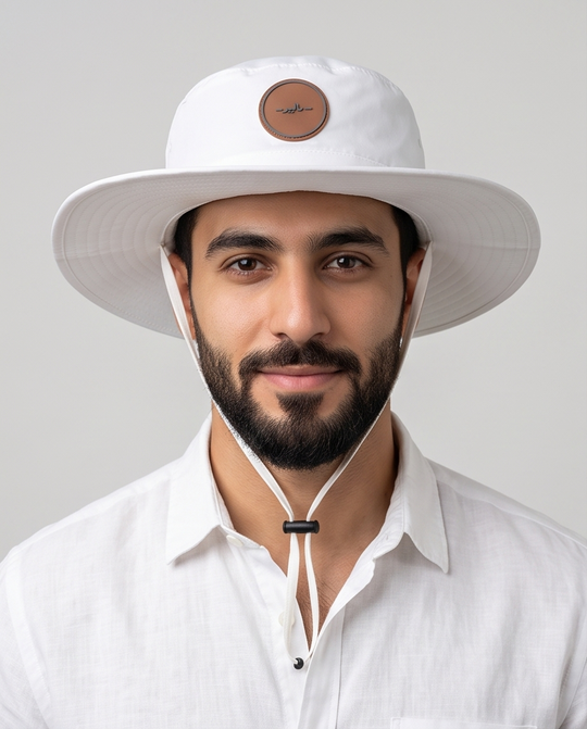 White -ماليبو- Bucket Hat With Rope Beige Logo