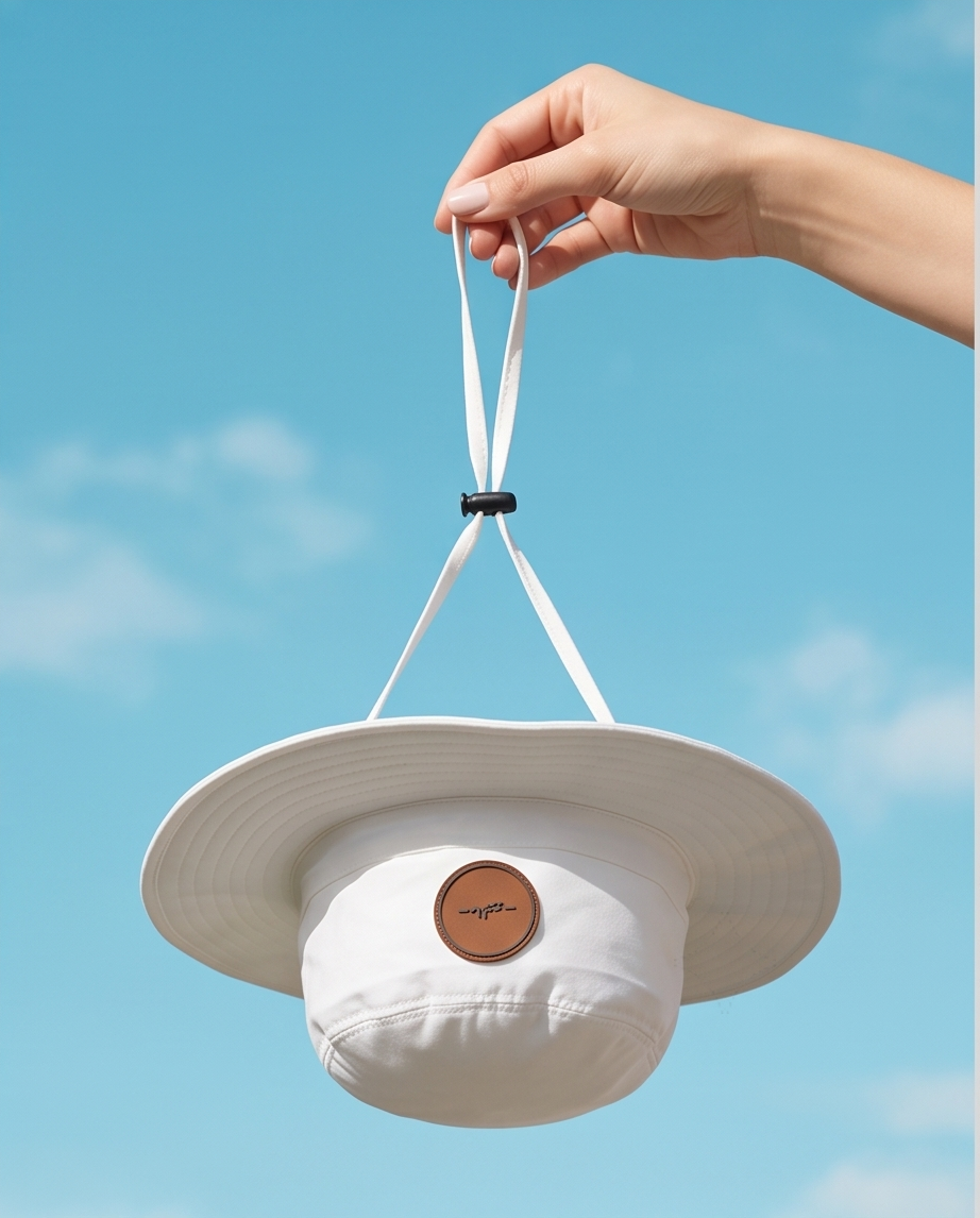 White -ماليبو- Bucket Hat With Rope Beige Logo