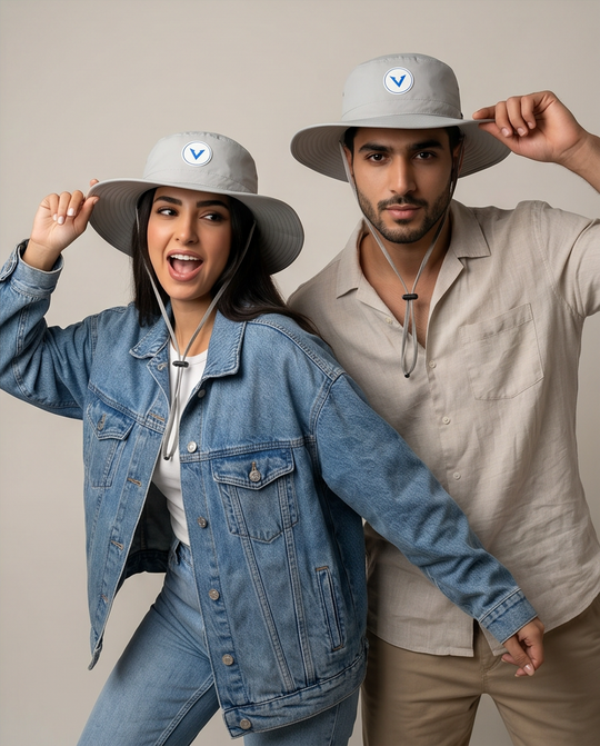 Varkomz Grey Bucket Hat With Rope Blue Logo