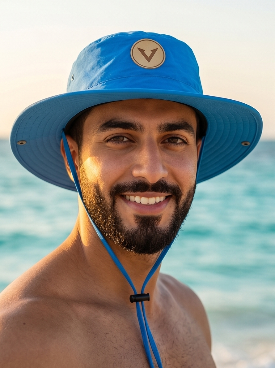 Varkomz Blue Bucket Hat With Rope Beige Logo