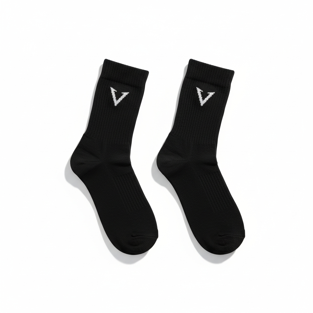 Pair of black socks with a logo on a white background