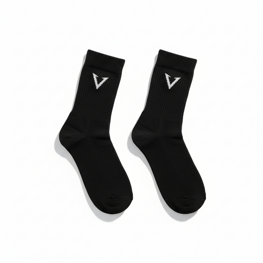 Pair of black socks with a logo on a white background