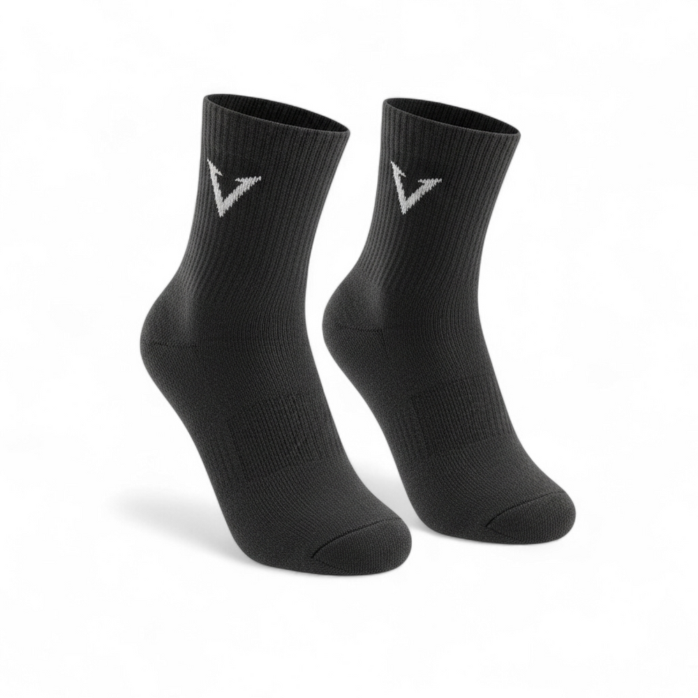 Pair of black socks with a logo on a white background