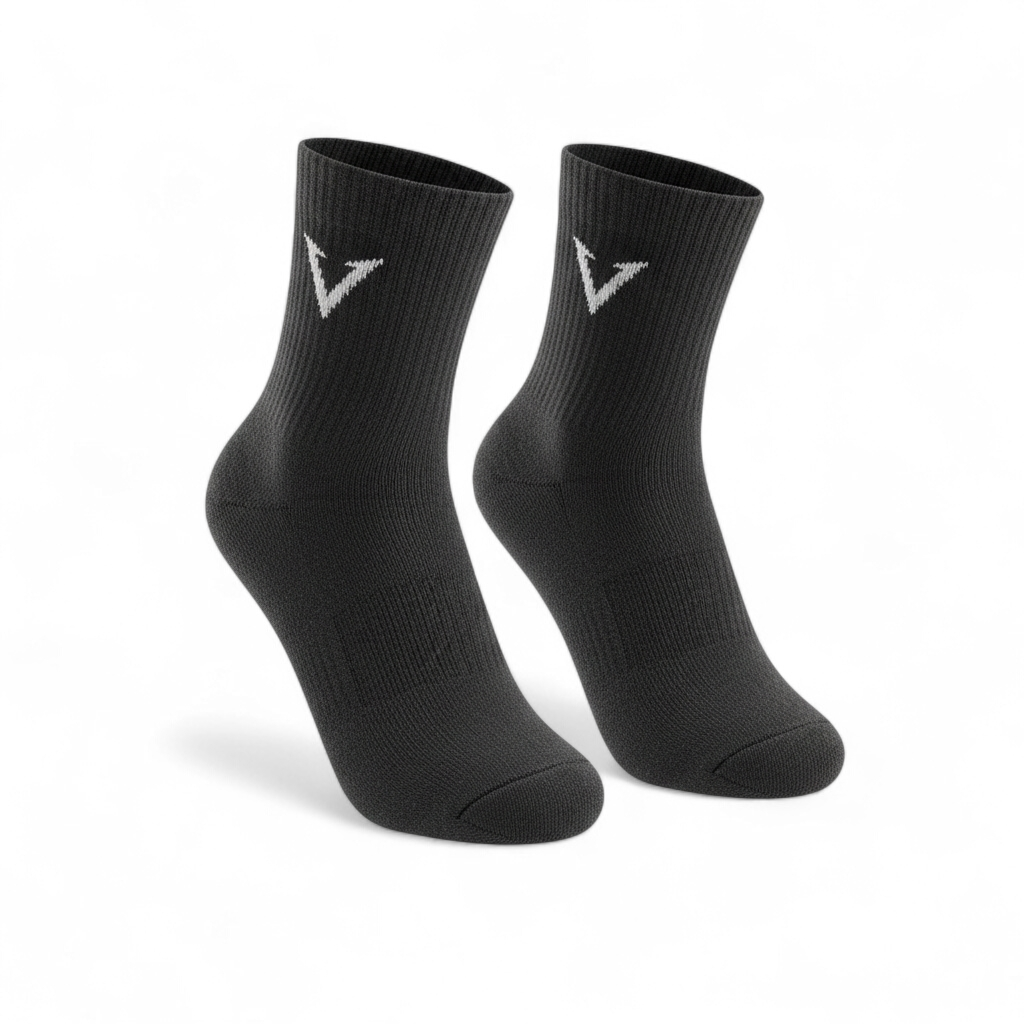 Pair of black socks with a logo on a white background