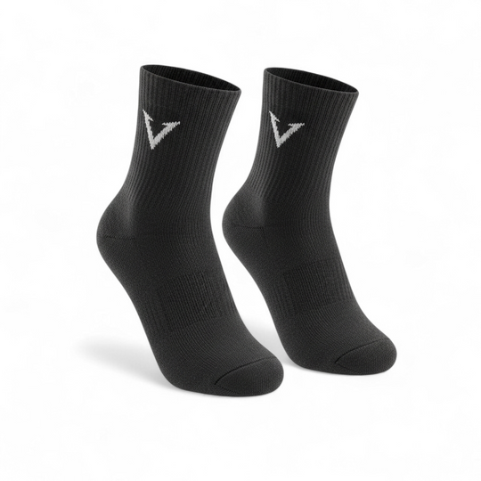 Pair of black socks with a logo on a white background