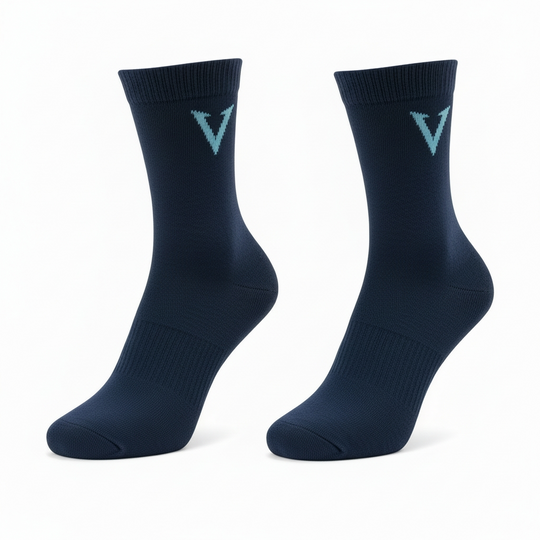 Pair of navy socks with a light blue logo on a white background